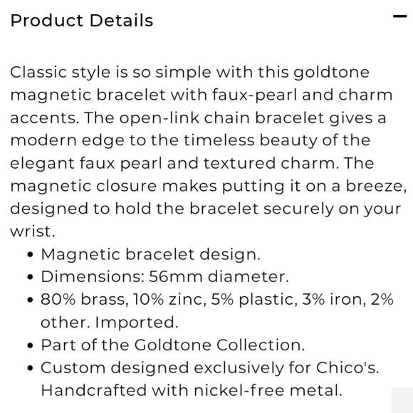 CHICO'S NWT Goldtone and Faux Pearl Magnetic Bracelet - Picture 5 of 6